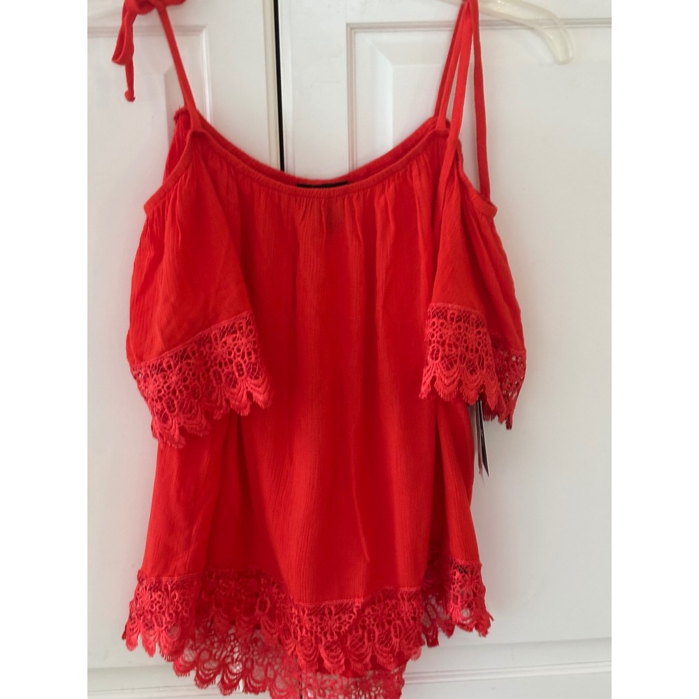By‎ & By Papaya Orange Crochet Lace Cold Shoulder Tie Strap Boho Top S 1092238